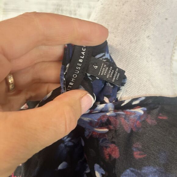 White House Black Market Blouse Tunic sz 4 Black Blue Pink Floral Sheer Ruffles - Picture 9 of 9